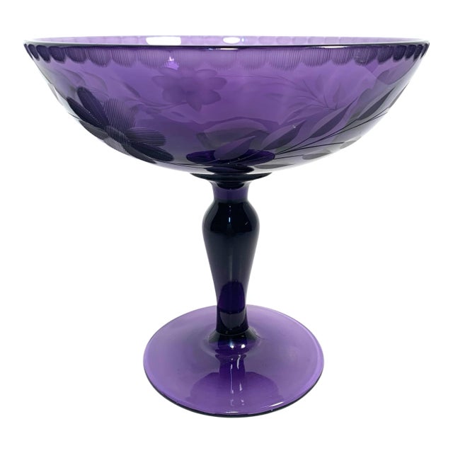 Late 19th C. Amethyst Etched Glass Compote Art Nouveau Victorian Traditional For Sale
