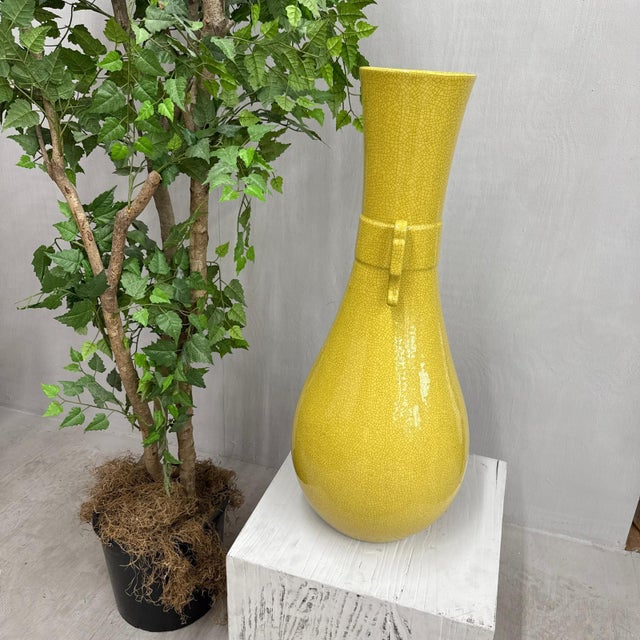 Large Lemon Yellow Crackle Glazed Ceramic Vase For Sale - Image 4 of 11