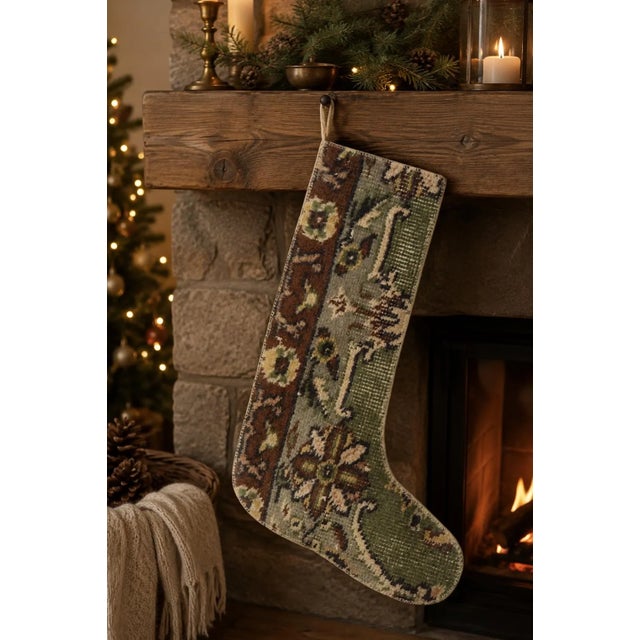 American Ornate Vintage Kilim Christmas Stocking, Sage & Brown Floral Border, 11.8 X 17.7 in – One of a Kind Turkish Decor For Sale - Image 3 of 7