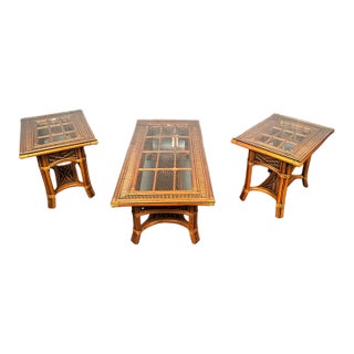 Mid 20th Century Rattan Table Set of 3 For Sale