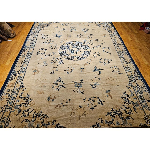 Late 19th Century Antique Chinese Peking Oversize Rug, Wool on Cotton, All-Over Floral Design, Ivory & Blue, 12' X 18' For Sale - Image 5 of 18