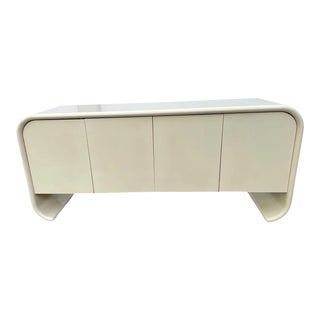 1980s Springer Style Wood Waterfall Lacquered 4 Door Credenza With Drawers For Sale