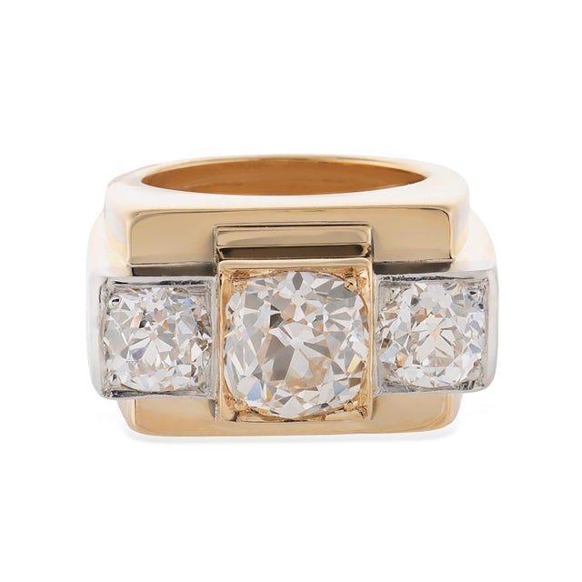 Mid-Century Modern Mid 20th Century Retro French Gia 2.28 Carat Old Mine Cut Diamond 18k Yellow Gold Tank Ring, Size 4 For Sale - Image 3 of 6