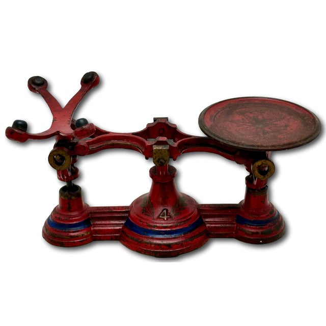 Metal Nice Antique American Victorian Cast Iron & Brass Small Size Kitchen Scale With Excellent Original Red & Blue Paint For Sale - Image 7 of 18
