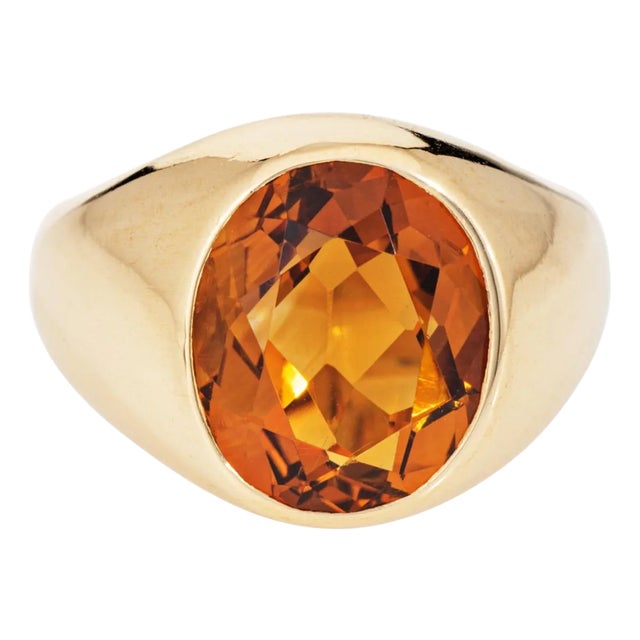 1980s 6ct Madeira Citrine Signet Ring Size 8 Heavy 14k Yellow Gold Oval Men's Jewelry For Sale