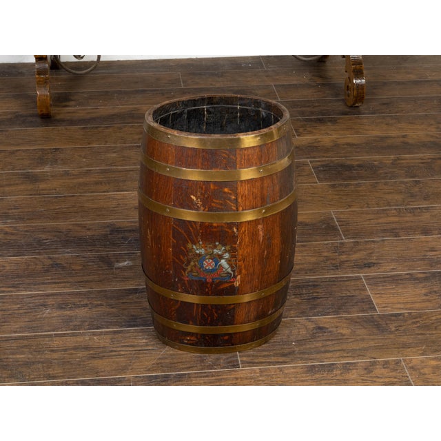 19th Century English Victorian 19th Century Oval Barrel with Coat of Arms and Brass Braces For Sale - Image 5 of 12