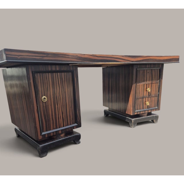 French Art Deco Makassar Study with Crescent-Shaped Desk, 1930, Set of 2 For Sale - Image 4 of 10