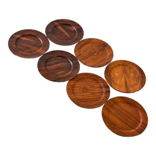 1960s Mid Century Danish Rosewood Plates by Morsbak – Set of 7 Vintage Scandinavian Modern Wood Plate Char For Sale
