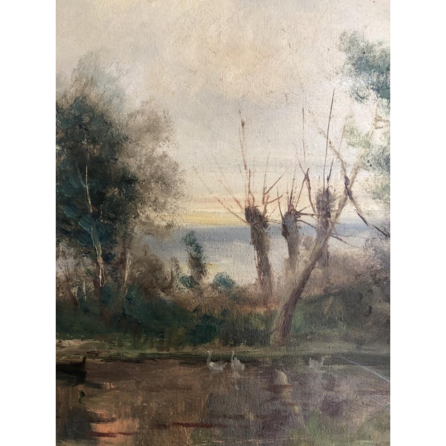 Ziveri, Couple en balade au bord de l'étang avec chien et cygnes, Oil on Canvas, Framed For Sale - Image 5 of 12