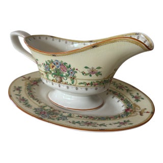 Vintage Royal Worcester "Riviera" Gravy Boat & Underplate | Made in England | Floral Garland | Fine English Porcelain | Discontinued Pattern For Sale