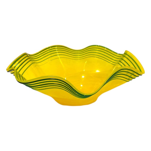 2000 - 2009 Blenko Centerpiece Bowl Large 16" Art Glass Yellow Green Threaded Large Signed Walter Blenko For Sale - Image 5 of 11