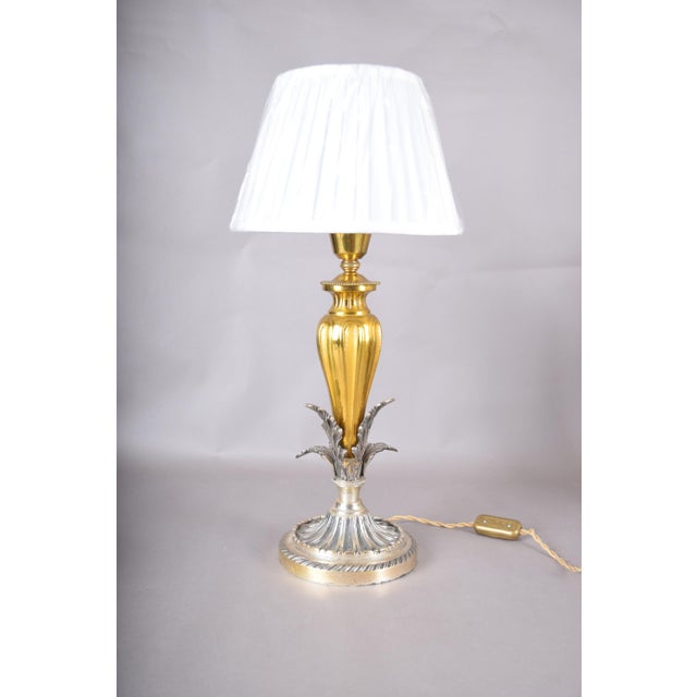 Brass and Silver-Toned Table Lamp with Leaf Base and Pleated Shade, 1960s For Sale - Image 6 of 15