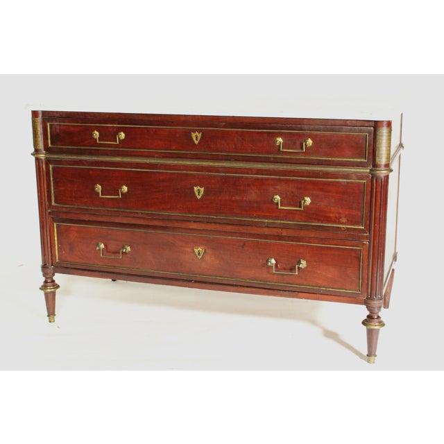 French Louis XVI Brass Mounted Mahogany Chest of Drawers With Carrara Marble Top For Sale - Image 3 of 14