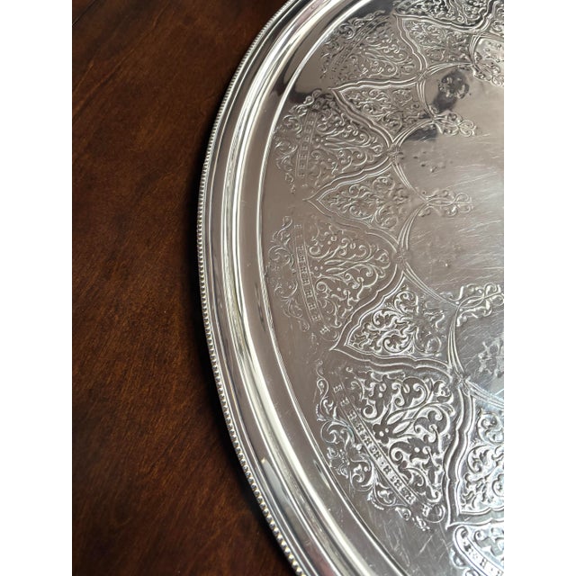 Gorgeous Vintage Wilson Silversmiths Sheffield 31"x19.5" Oval Serving Tray. SilverPlate on Brass With Cherub Handles. Scroll Design With Beaded Edge. For Sale - Image 9 of 11