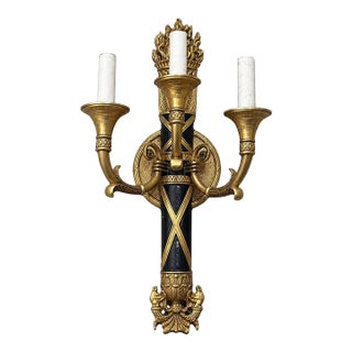 Antique French Empire Brass Torch Design 3 Arm Wall Sconce For Sale