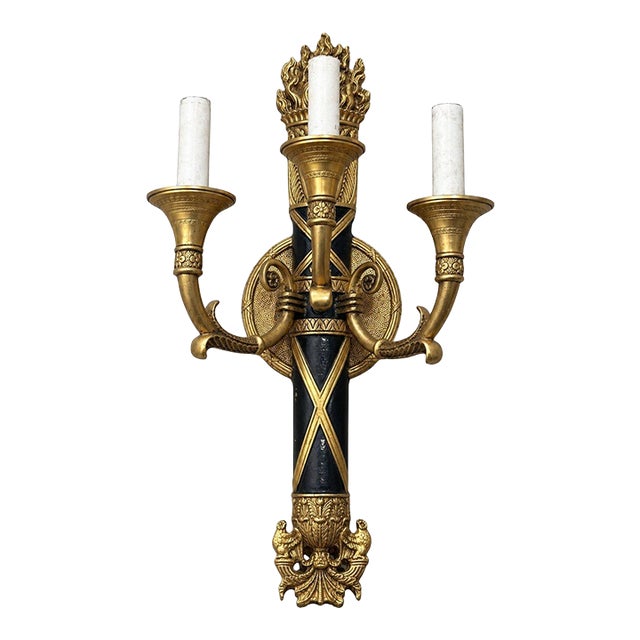 Antique French Empire Brass Torch Design 3 Arm Wall Sconce For Sale