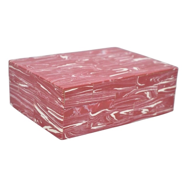 Modern Lava Marble Inlay Pink Coral Covered Jewelry Trinket Box by Current Home For Sale