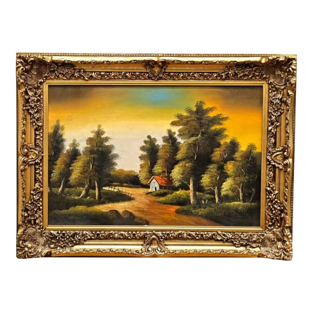 Realistic Cottage Landscape Hand-Painted on Cotton Fabric For Sale