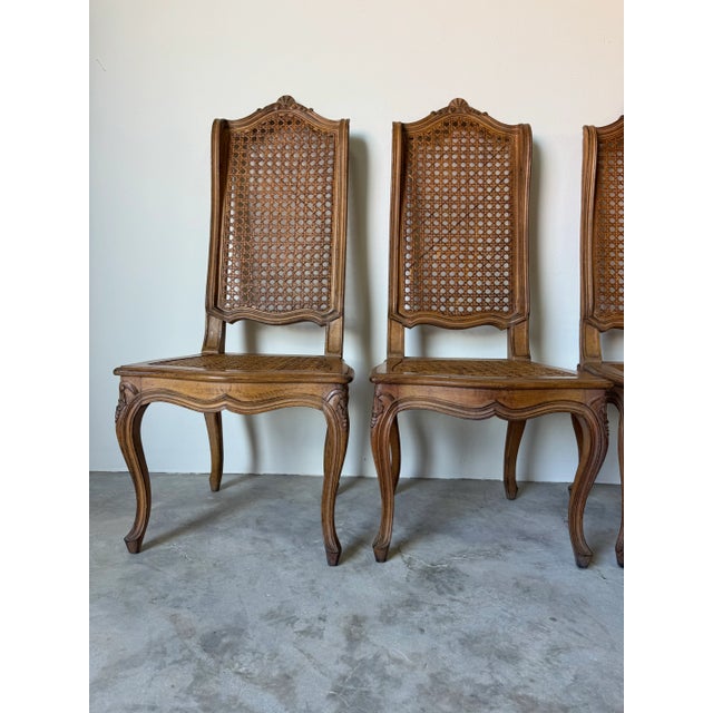 Vintage French Country Louis XV–Style Carved Wood Dining Chairs With Cane Backs — Set of 4 For Sale - Image 11 of 12