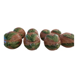 "Set of 8 Vietri Italy Faux Bois Coconut Lidded Boxes, Fern Leaf, Palm Beach" For Sale