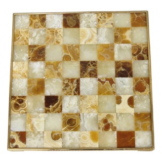 Vintage Mid Century Modern Mosaic Brown Onyx Stone Chess Game Checkerboard For Sale