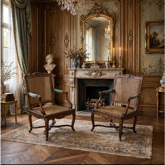Hollywood Regency Louis XV Cannés Armchairs in Carved Wood with Cufflinks, France, 1740s, Set of 2 For Sale - Image 3 of 18