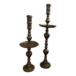 Vintage 1970 Floral Engraved Brass Altar/Pillar Candlestick Holders- a Pair For Sale