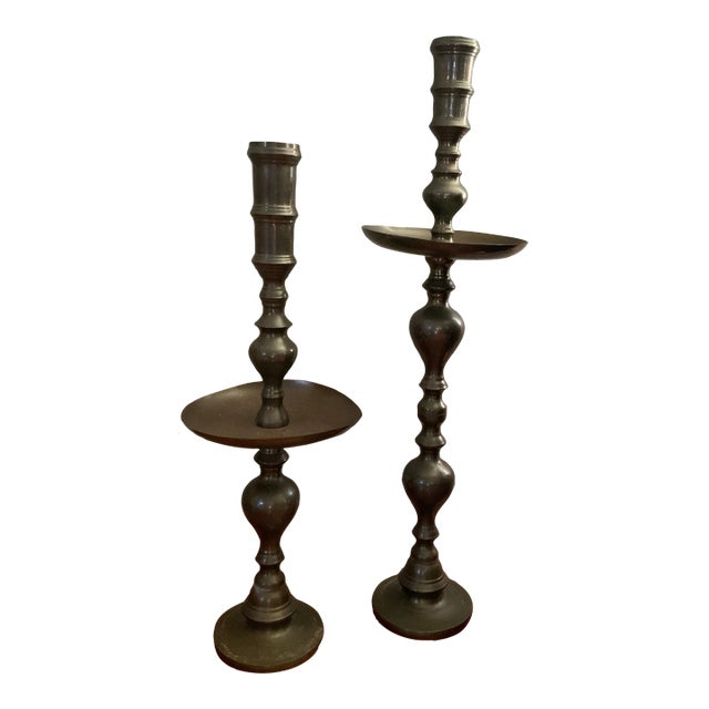 Vintage 1970 Floral Engraved Brass Altar/Pillar Candlestick Holders- a Pair For Sale