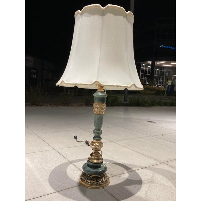 Japanese Japanese Bronze & Marble Column Table Lamp With Original Shade Okinawa For Sale - Image 3 of 13
