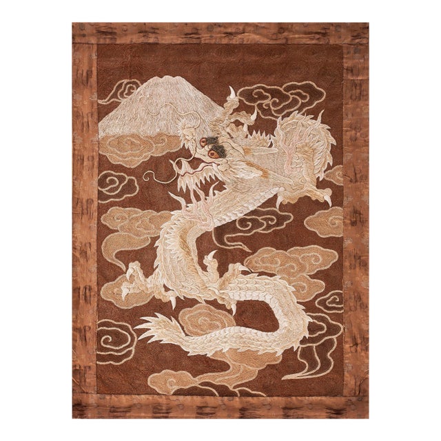 1890s Brown Dragon Qing Antique Chinese Textile Flat Weaven Rug 2'10" X 4' Wool Silk Carpet For Sale