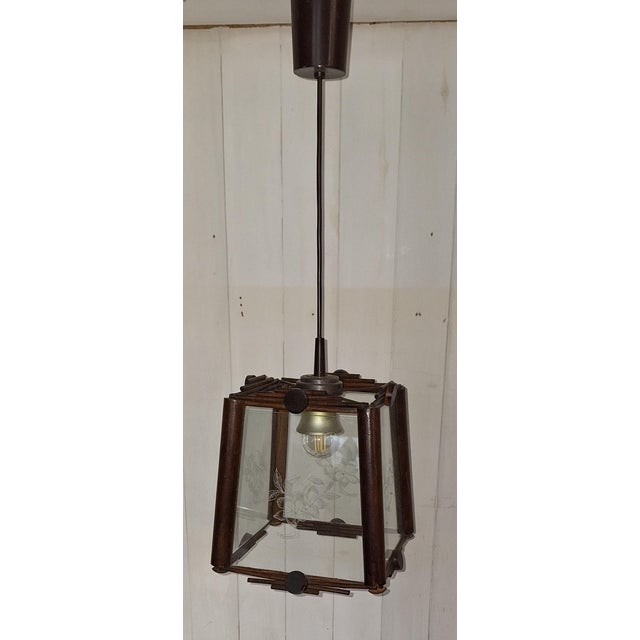 Vintage Handmade Ceiling Lamp with Beechwood Frame and Patterned Glass Panes, 1980s, in Very Good conditions. Designed...