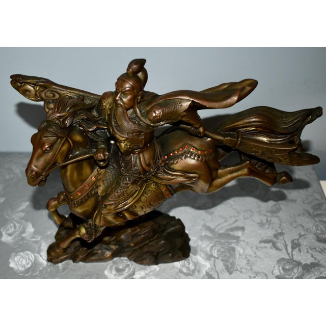 Bronze Vintage Solid Bronze Chinese Warrior Figure on Horse W/Jewels For Sale - Image 8 of 12