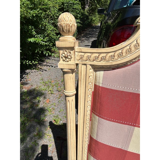 French Provincial Style Carved Wood King Headboard With Checked Fabric For Sale - Image 11 of 12