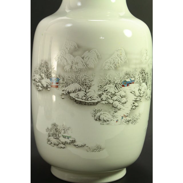 Ceramic MCM Jingdezhen Chinese Vase White Porcelain With Hand Painted Winter Scenes For Sale - Image 7 of 18