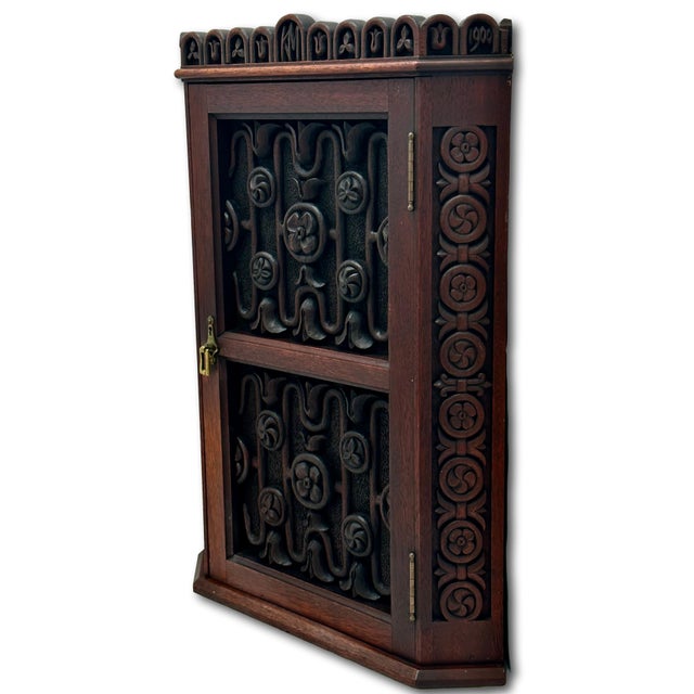 1900 - 1909 Outstanding Antique Beautifully Hand Carved Solid Mahogany Wall Hanging Corner Cabinet - Signed & Dated 1900 For Sale - Image 5 of 18