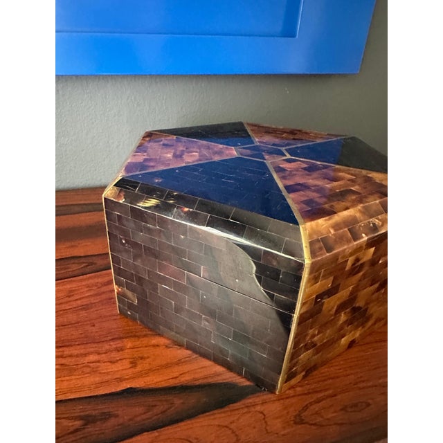 Maitland Smith tessellated polished horn and penshell jewelry box with brass trim.