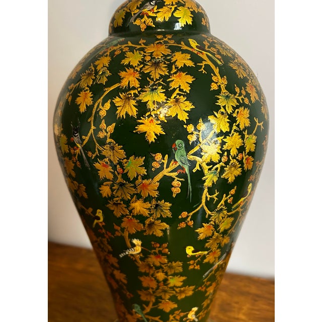 1940s Antique Large Table Lamp Gold Laquored With Handpainted Birds and Leaves For Sale - Image 5 of 12