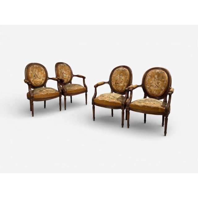 Louis XVI Style, Four Armchairs, Tapestry, Walnut, France, 20th C. For Sale - Image 4 of 14