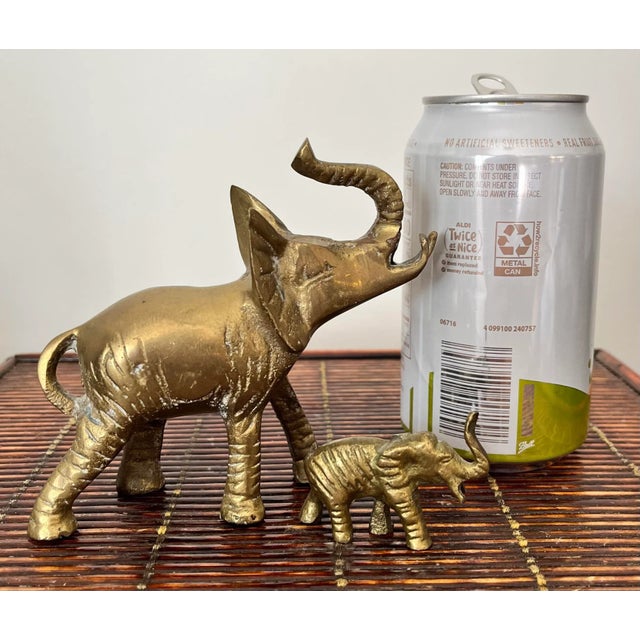 Brass Mid Century Brass Elephants Pair Trunks Up Good Luck Baby & Parent Set of 2 For Sale - Image 8 of 9