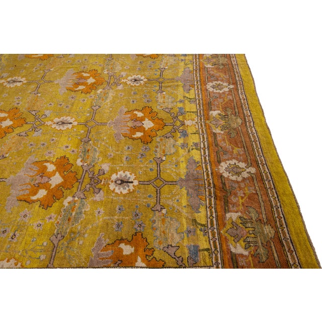 Vintage Arts and Crafts Style Golden Ochre Wool Rug With Stylized Floral Motif For Sale In New York - Image 6 of 11