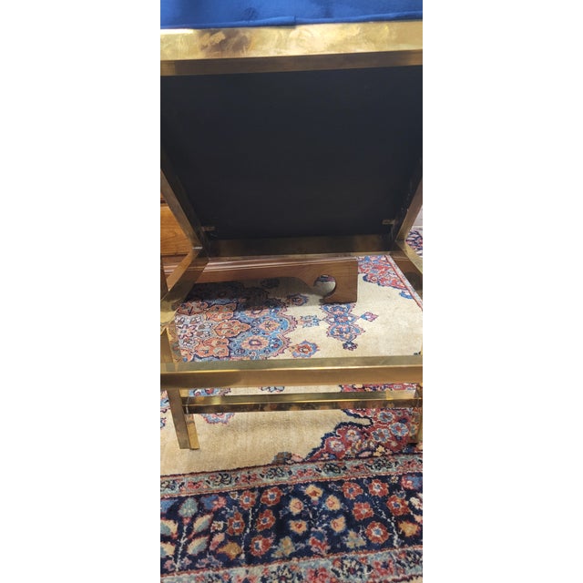 Contemporary Pair Brass X Stools in Blue & Gold For Sale - Image 3 of 9