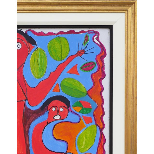 Textile Richard Antilhomme Red & Blue Abstract Figurative Painting with Four Figures and Botanical Elements, Late 20th Century For Sale - Image 7 of 12