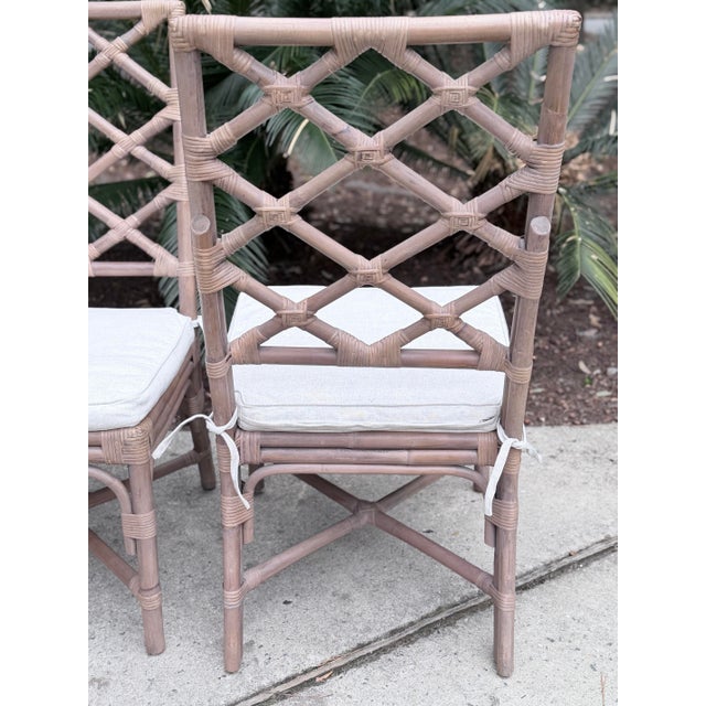 Boho Chic Chinese Chippendale Chinoiserie Rattan Taupe Side Dining Chairs With Zippered Seat Cushion - Set of 6 For Sale - Image 3 of 12