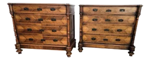 Italian Burl Brass Chest of Drawers in Carved Walnut, Set of 2