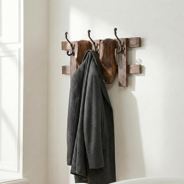 Far Pavilions Antique Wood Shoe Last Wall Hook Rack | Rustic Reclaimed Timber Coat Hanger | Unique Industrial Entryway Organizer |Handmade Farmhouse Decor For Sale - Image 4 of 7