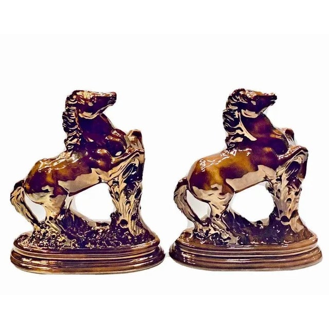 Staffordshire Antique Staffordshire Copper Luster Rearing Stallion Mantle Figurines, Circa 1910 For Sale - Image 4 of 11