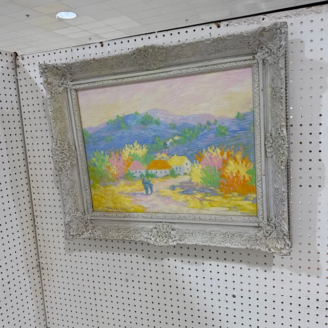 Vintage French Pastel Landscape Painting – Framed Charming vintage pastel painting depicting a colorful French countryside...