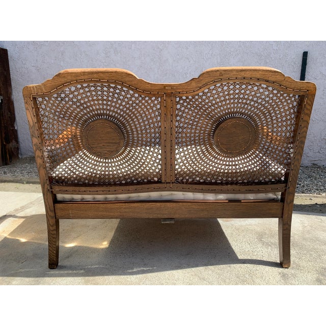Antique Oak Medallion Cane Back Bench Settee For Sale - Image 4 of 12