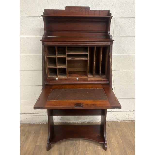 Antique Late 19th Century Victorian Walnut Drop Front Drop Lid Secretary Desk For Sale - Image 12 of 18
