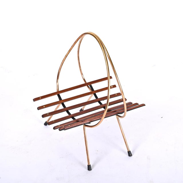 Mid-Century Modern Mid-Century Italian Enameled Metal, Teak and Brass Magazine Rack, 1960s For Sale - Image 3 of 16